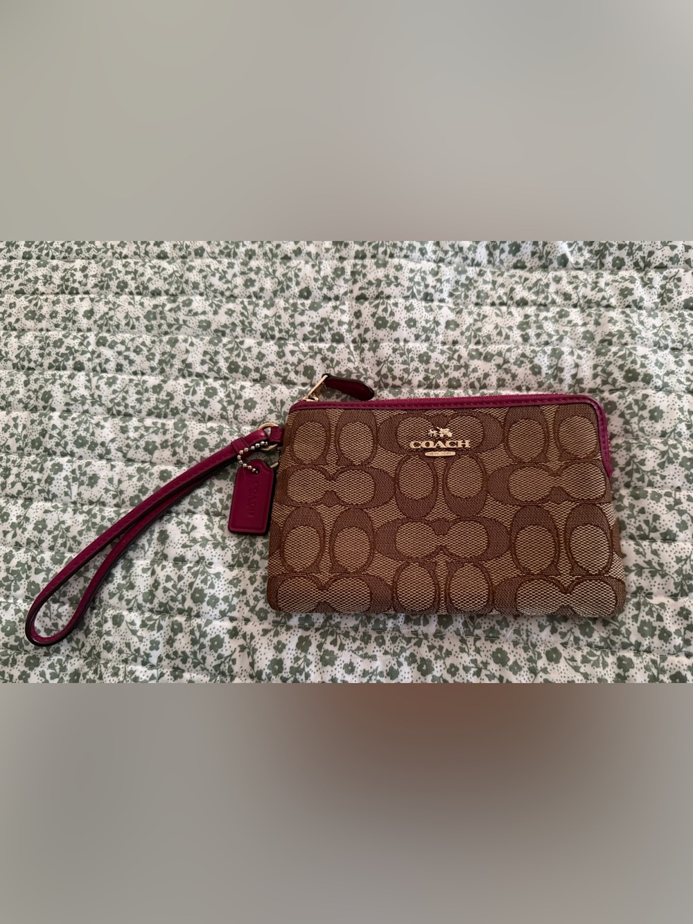 Coach Classic ‘C’ Pattern Zip Top Wristlet with Raspberry Pink Trim